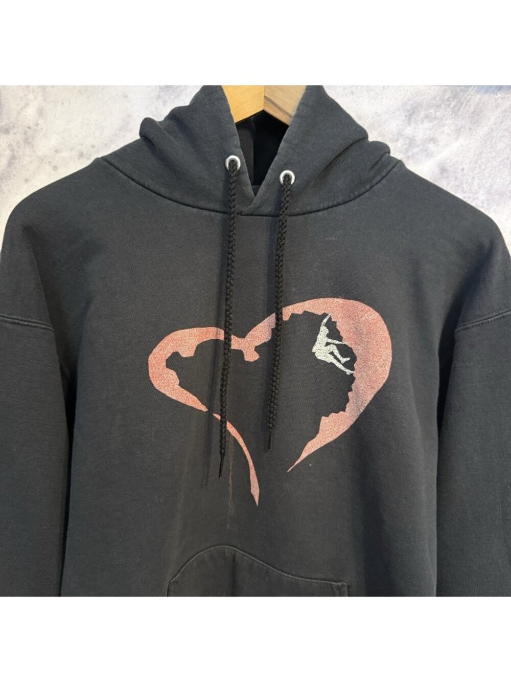 Rock Climbing Heart Hoodie Vintage 90s Mens Small S Black Climber Pullover Hanes